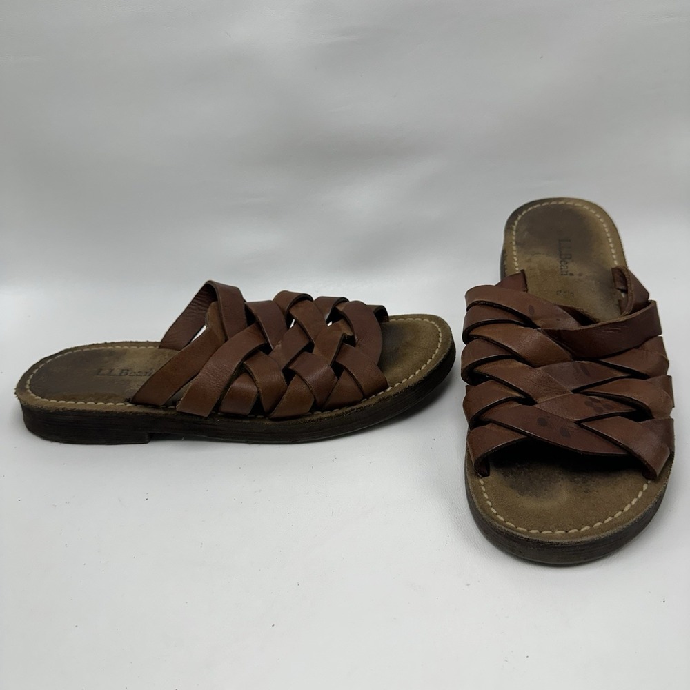 Vtg LL Bean Woven Leather Slide Sandals Huarache Mule‎ Womens 8.5 B Cognac Brown